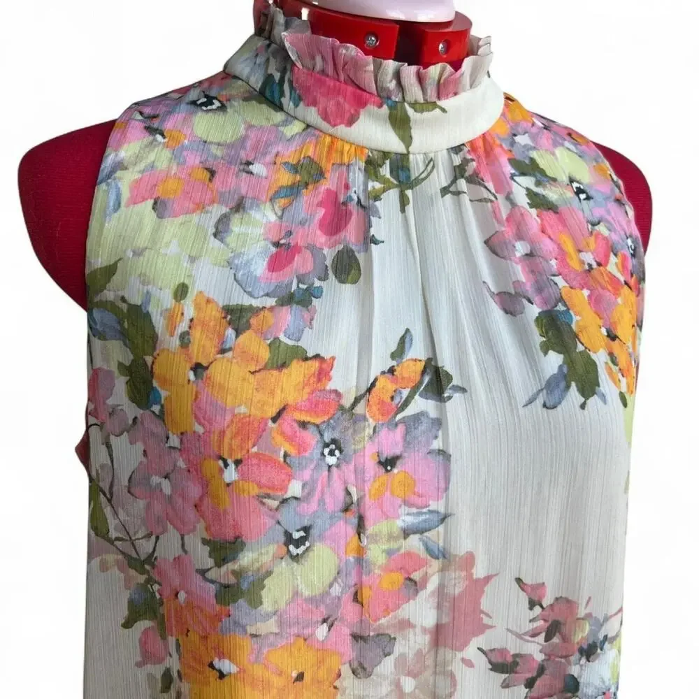 Bleecker 126 Multicolored Floral Sleeveless Dress With‎ Ruffled Collar Large